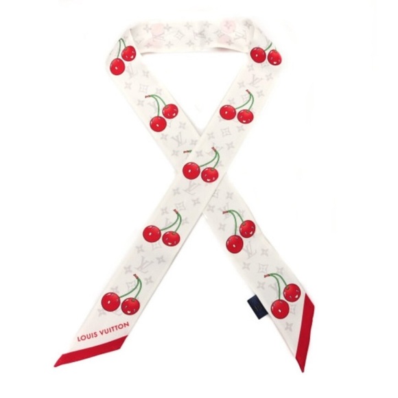NIB Louis Vuitton x Takashi Murakami Monogram Cerise Bandeau Scarf Twilly White - Picture 1 of 7